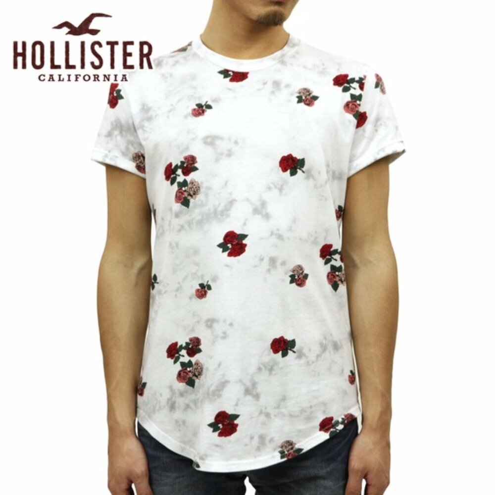 Hollister Men's Tshirt Curved Hem Printed Roses Size M